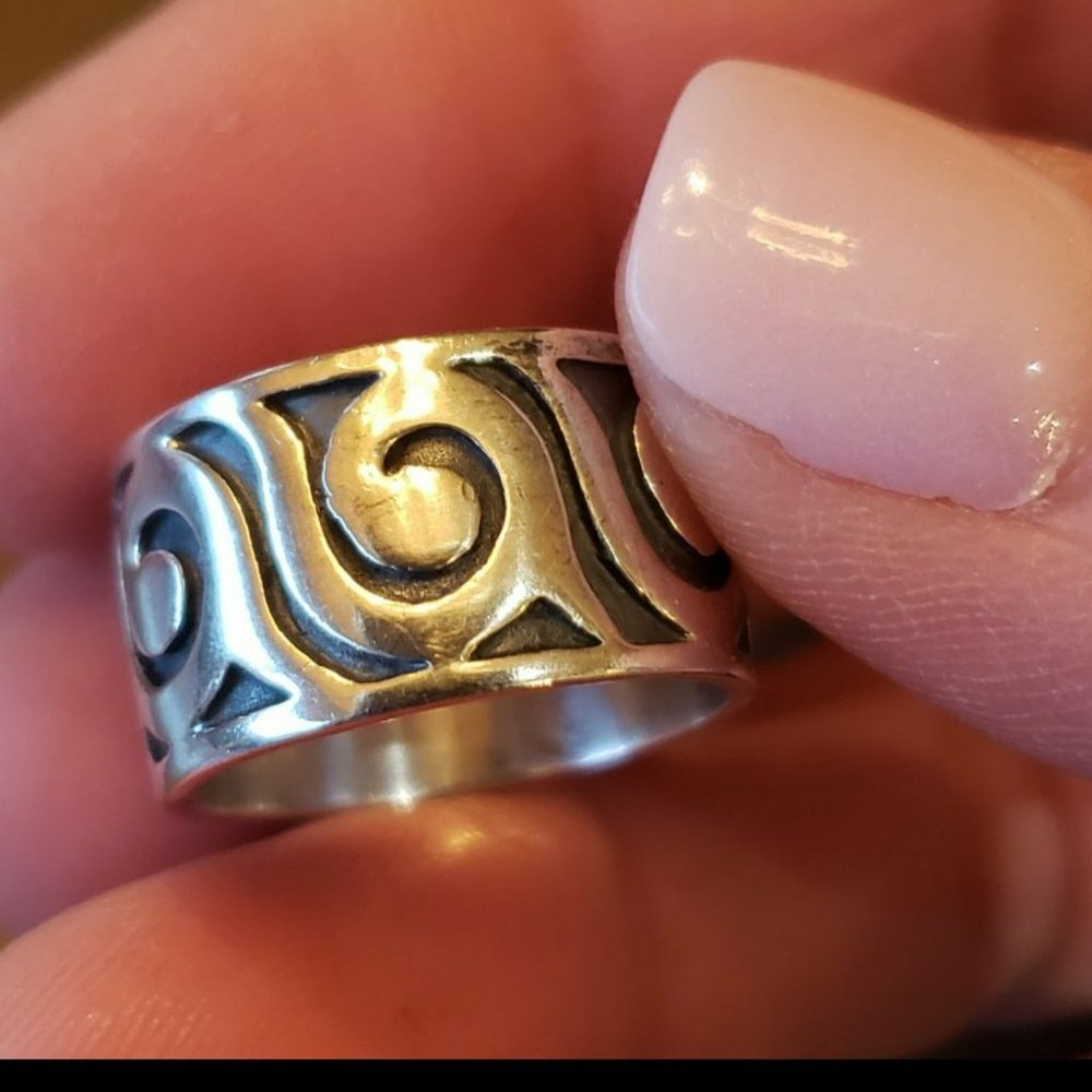 Sterling Silver 925 Wide band ring with scroll motif - Picture 7 of 8